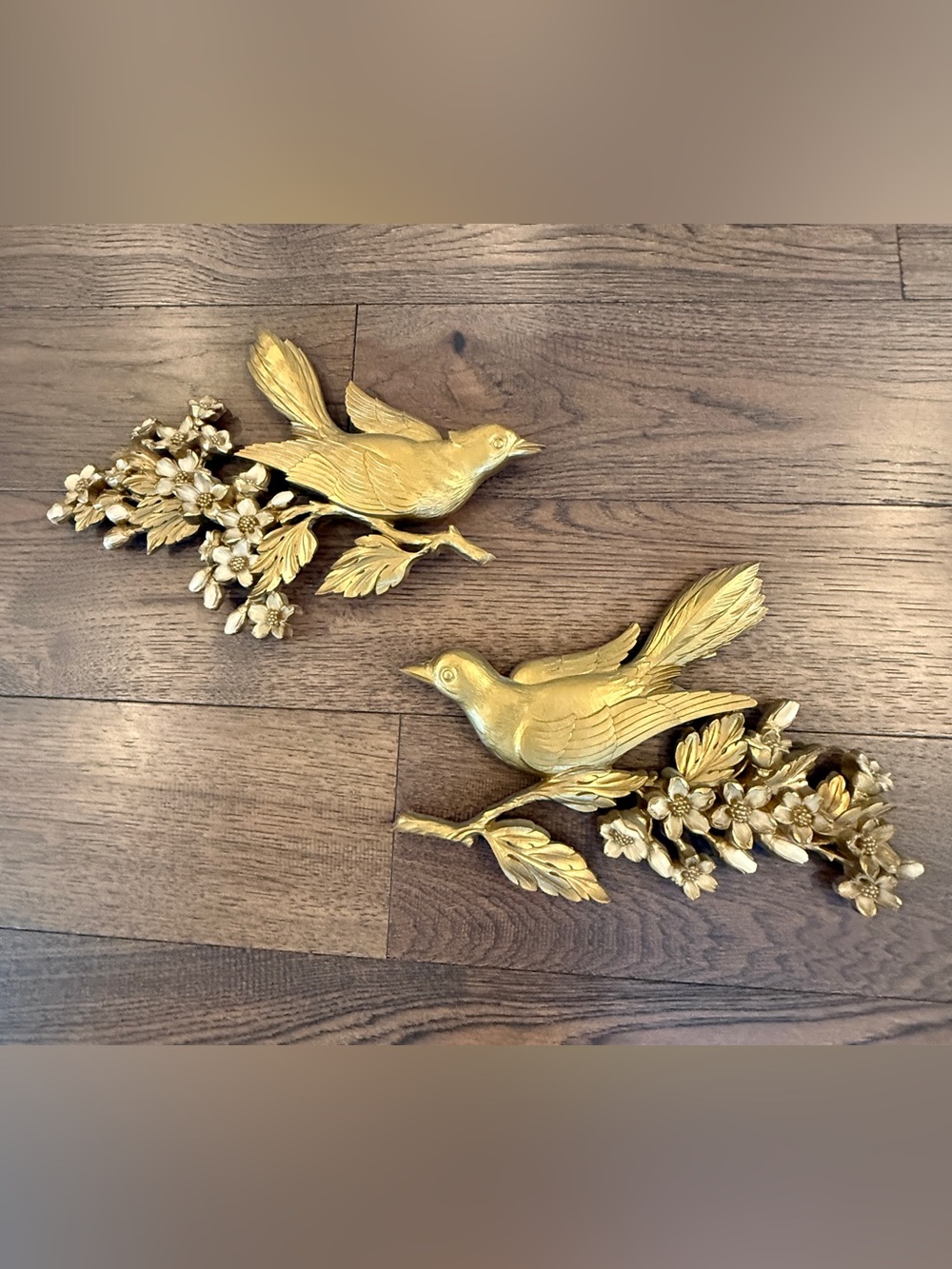 Vintage Gold Bird Dogwood Branch, Floral Wall Decor, Syroco, Mid Century